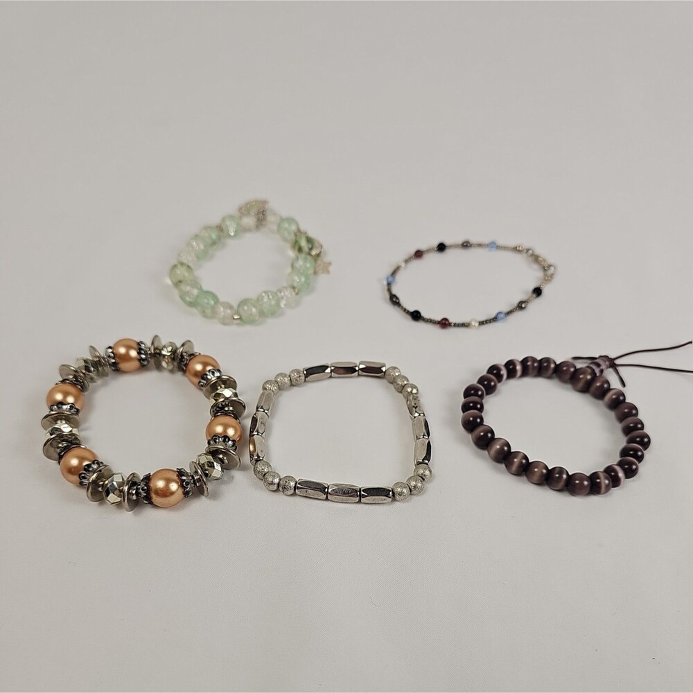 Lot of 5 Costume Jewelry Bracelets Glass Beads Faux Pearls Silver Tone